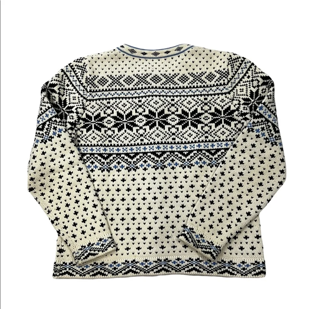 LL BEAN Cotton Cardigan Fair Isle Snowflake Nordic Print Pewter Button - Picture 5 of 10